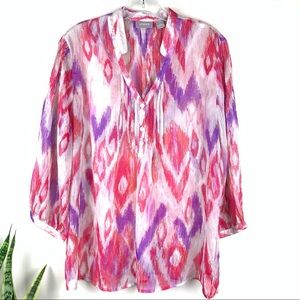 Chico's Sheer Ikat Pattern Tunic Size 2- White Pink Purple